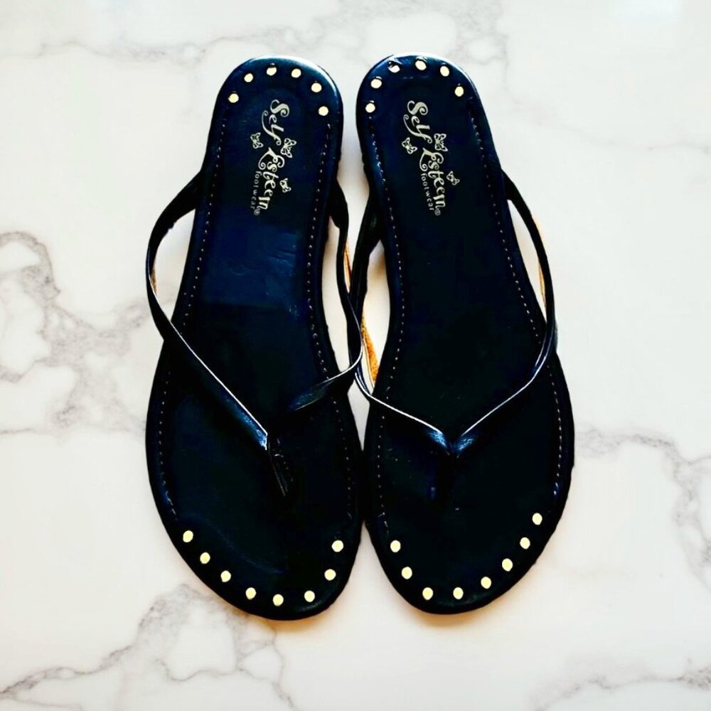 Self Esteem Footwear Black Vegan Leather Flip Flop Sandals